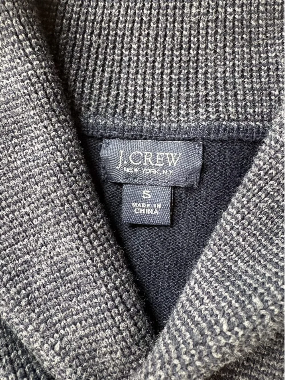 J.Crew Men's Shawl Collar Pullover Sweater Navy Gray 100% Cotton Size S